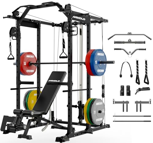 Image of Mikolo Power Cage, Power Rack with Cable Crossover System, 1500LBS Squat Rack with LAT Pull Down System, Workout Cage with Pulley System for Fitness Home Gym
