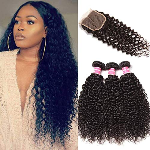 Jolia Hair 18 20 22 inch Unprocessed Virgin Brazilian Curly Hair Weave 3 Bundles with 1 Piece Free Part 16inch Brazilian Hair Closure Pack of 4 Natural Color