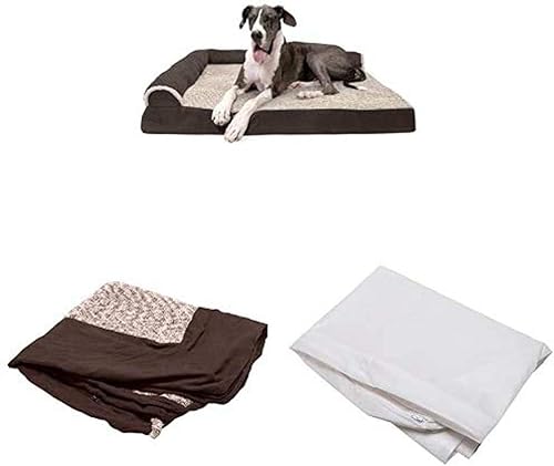 Furhaven Paquete para mascotas: Jumbo Plus Espresso Deluxe Ortopédico de dos tonos de felpa de piel sintética y gamuza en forma de L, funda de cama