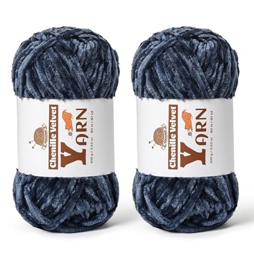 Image of 2 Pack Plush Chenille Chunky Yarn - Fluffy Velvet Yarns Crochet for Blanket Knitting and Crocheting - Soft Baby Yarn for Crocheting - Amigurumi Crochet Yarns 100g (87yds) (2 Navy Blue)