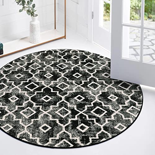 Wonnitar Moroccan Washable Round Area Rug 4Ft - Black And White Entry Round Rug Ditressed Small Bedroom Circle Mat Modern Geometric Trellis Dorm Carpet For Bath Kitchen Bedside #TOP4