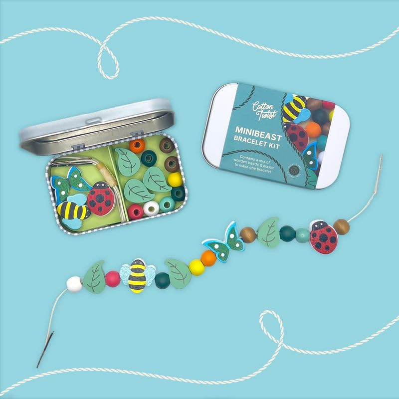 COTTON TWIST Kids Minibeast Bracelet Making Gift Kit - Children Creative Beading Jewellery Designing Craft Play Set with Rectangular Tin