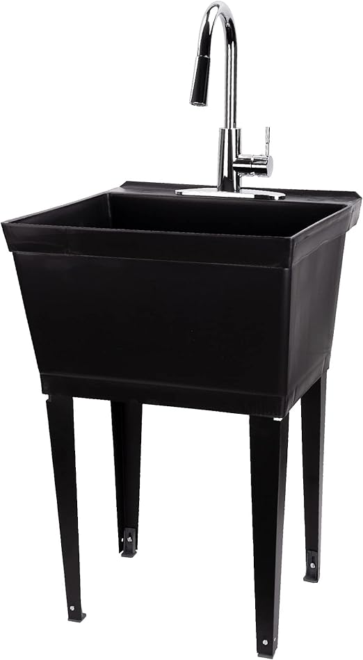 Black Utility Sink Laundry Tub With High Arc Chrome Kitchen Faucet By