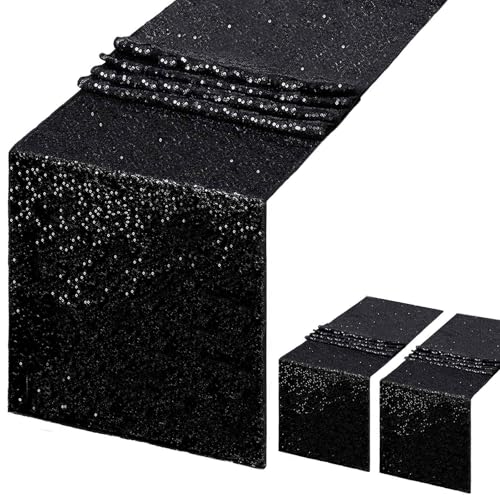 Chemin de Table Noir 2 Pièces 30x180cm Paillette Brillants Chemin de Table pour Fêtes, Mariages, Anniversaires, Noël Décoration