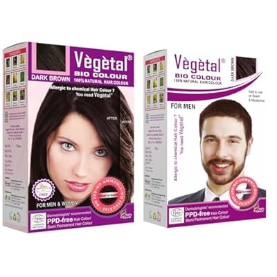 مجموعة Vegetal Bio Colour Experience باللون البني الداكن 150 جم ولون اللحية 25 جم للرجال، طبيعية وخالية من الأمونيا وخالية من PPD وعضوية 100% وأعشاب كاملة متضمنة