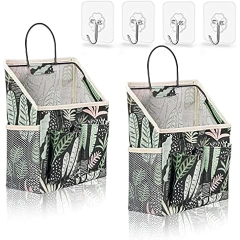 LYroo 2 Pack Linen Wall Hanging Bag Waterproof Wall Storage Box with Sticky Hook for Bathroom Kitchen Dormitory Organizer Basket (Green Water Plants) Cover