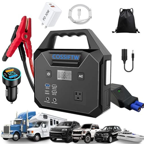 COSSIFTW 10000A Jump Starter AC 200W Generator 130wh Jump Booster PD 60W Two-Way Fast-Charging for All 12V Gas & up to 15L Diesel Engine for Truck RV Yacht Lawn Mower Mining Truck Farm Vehicle