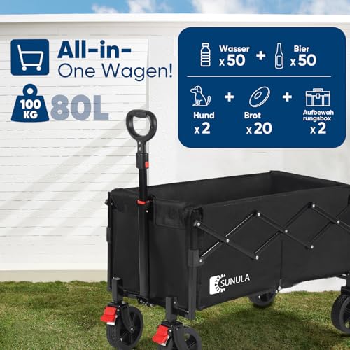 SUNULA Bollerwagen Faltbar Klein 80L 100KG, Faltbarer Bollerwagen Klappbarer Handwagen mit Halbiertem Eigengewicht, Bollerwagen Geländegängig mit Bremsen, Schwarz – Bild 5