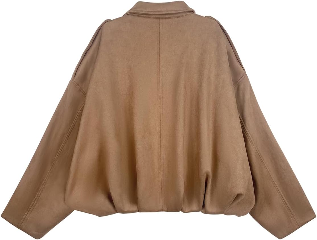 Womens Bomber Jacket Faux Suede Casual Cropped Pilot Coat Lapel Collar Causal Oversized Trendy Outwear - Image 4