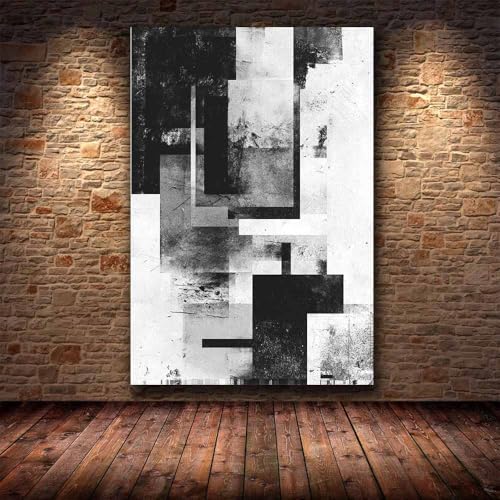 Tableau mural abstrait moderne blocs noirs et blancs 20x30cm encadré