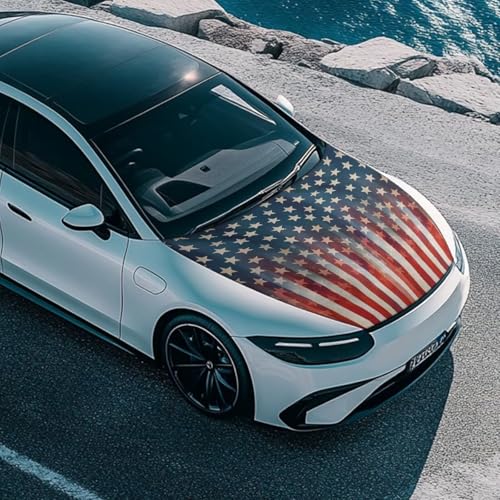 Image of Vintage American Flag Print Car Hood Cover Stretchable Car Bonnet Banner Polyester Can be Washed Engine Cover Protective Vehicles Decorate Accessories