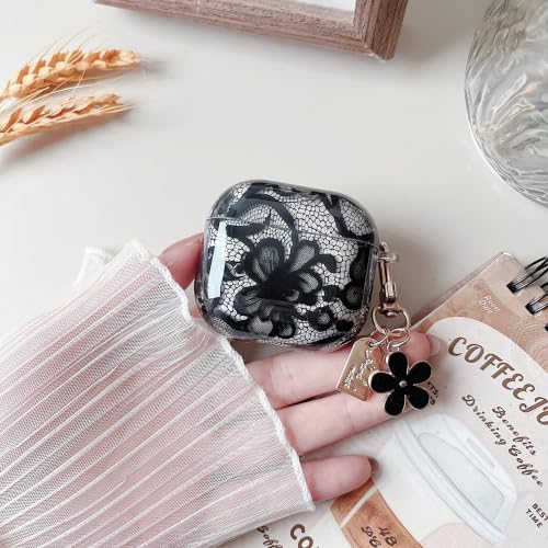 Image of MINSCOSE for AirPods 4 Clear Case,Cute Lace Flower Pattern Design with Trendy Keychain,Soft TPU Protective Shockproof Cover with Cleaner Kit for Girls Women for AirPods 4-Black