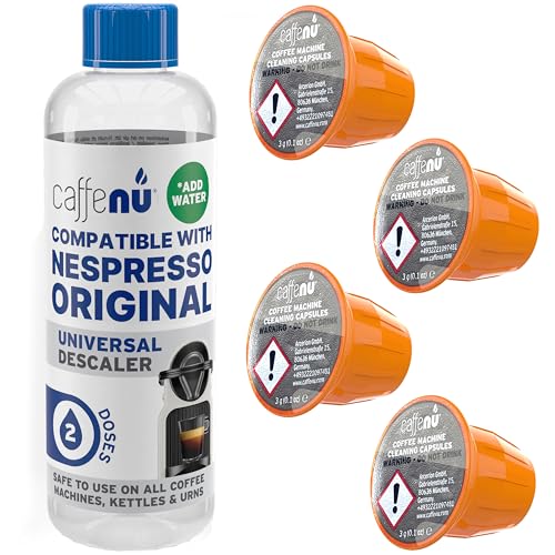 Nespresso Compatible Descaling Kit & Cleaning Pods. 2 Use Descaling Solution & 4 Cleaner Pods. Removes Limescale & Cleans Pod Area. Better Tasting, Hotter Coffee. Nespresso Originaline.
