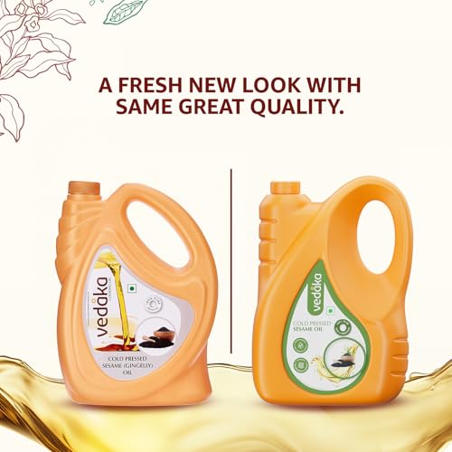 Image of Amazon Brand - Vedaka Cold Pressed Sesame Oil | 5 L Bottle | Gingelly Oil | Cheku /Ghani Oil | 100% Pure, Unrefined | Contains MUFA & Omega-6 PUFA | Contains Natural Antioxidants Lignans & Tocopherols