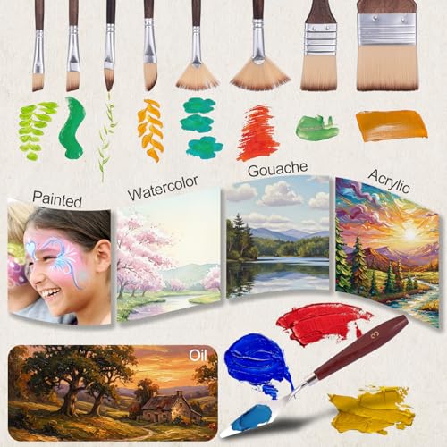 Image of 26pcs Paint Brush Set, Includes Flat, Filbert, Fan, Dagger, Cat Tongue, Round, Angle, Rigger & Palette Knife, Travel Paint Brushes for Acrylic Painting, Watercolor, Oil, Canvas, Face Painting
