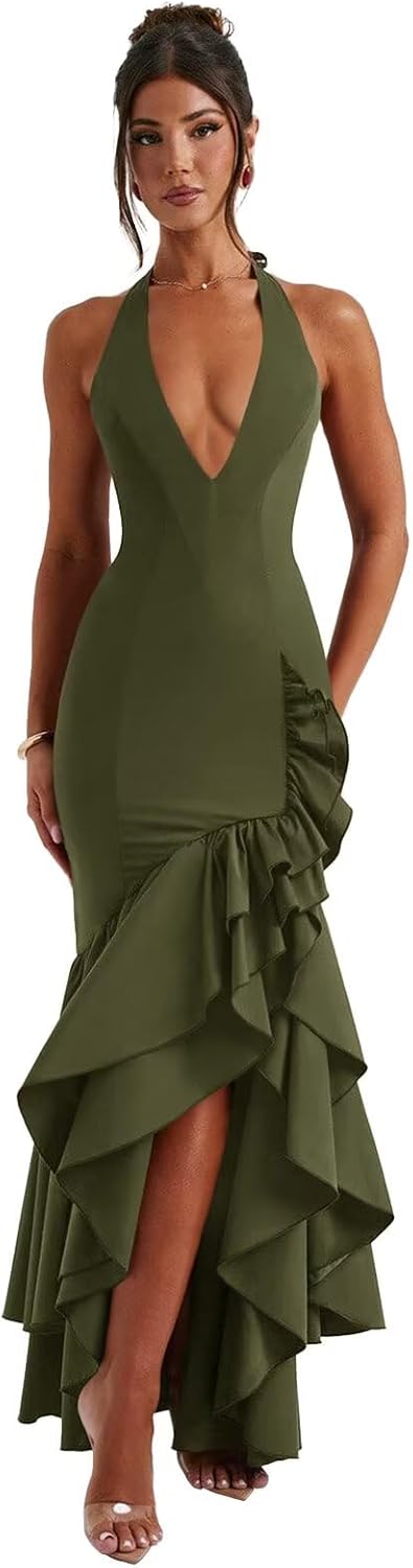 Cudiew Ruffle Satin Prom Dresses Halter V Neck Corset Formal Dress Back Lace Up Mermaid Evening Party Dress for Women