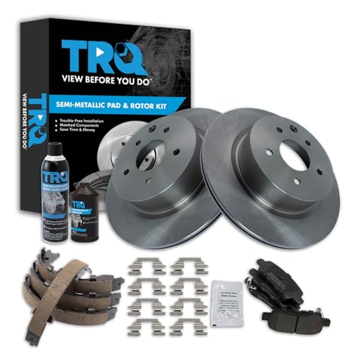 Image of TRQ Rear Brake Pad & Rotor Kit, with Chemical Kit Parking Brake Shoe Set Semi-Metallic Compatible with 2009-2019 Nissan Maxima