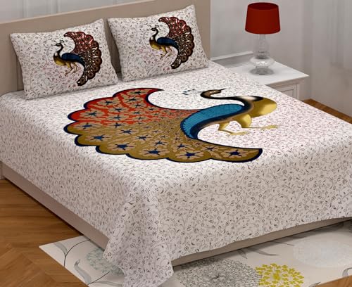 Image of Rajasthani Jaipuri Traditional Sanganeri Peacock Print 144 TC 100% Pure Cotton Double Size Bedsheet with 2 Pillow Covers (RED,White)