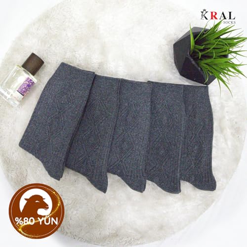 Lambswool Termal Çorap – 5 Çift Dikişsiz Kuzu Yünlü Kışlık Set – Hediye Kutulu, Soğuk Havalara Özel (füme, 36-40)