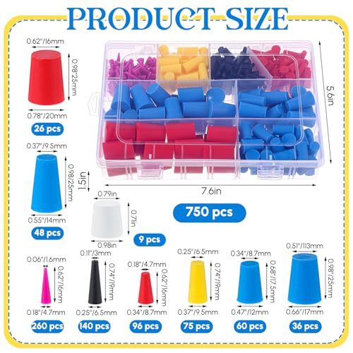 Image of Briwooody 750 Pcs Rubber Plugs 9-Sizes Silicone Tapered Plug Kit 1 /15 inch to 1 inch Stoppers for Coating, Hole, Painting Protection Silicone Stopper