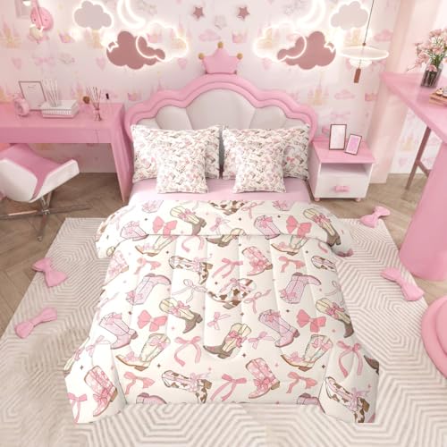 Feelyou Pink Bow 7-Piece Bedding Set, Twin Size Kids Cute Bowknot Bed in a Bag, Girls Bow Bed Set Includes Comforter, Sheet Set, Pillowcases & Pillow Covers Breathable Western Boots