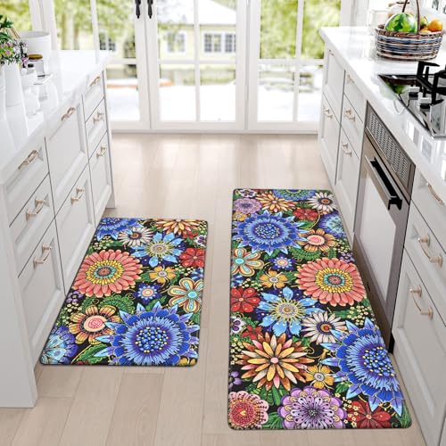 Likiyol Boho Kitchen Rugs, Boho Floral Anti Fatigue Kitchen Mat for Floor, Bohemian Flowers Non Slip Washable Kitchen Floor Mats, Comfort Standing Mat, 18''x30''+18''x48''