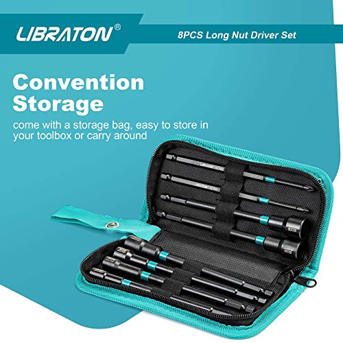 Libraton 8Pcs Magnetic Nut Driver Set, Long Nut Drivers 6Inch, Sae Nut Drivers For Impact Drill, Long Shank Nut Driver Bits, 1/4"Hex Shank, Long Power Bits, Ph1, Ph2, With Storage Bag #TOP5