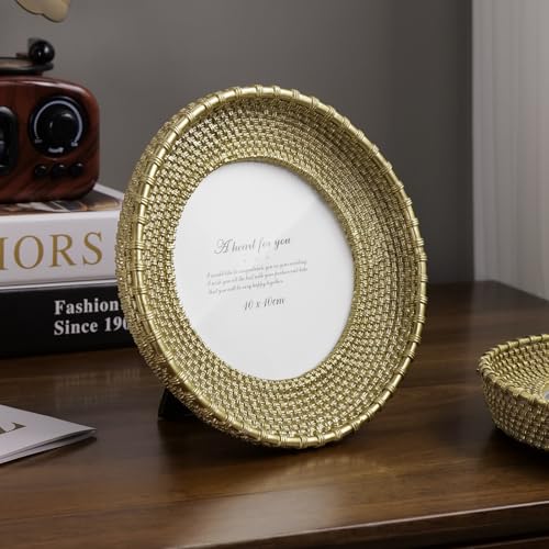 Round Picture Frame 4x4 Vintage Gold Frames, Rattan Textured Hand-Crafted Photo Frame with Glass Front, Antique Picture Frame for Tabletop Display & Wall Display, Retro Design Home Decor