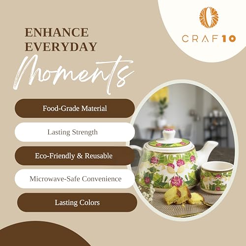 Image of CRAF10 Ceramic Handcrafted Royal Elephant Printed Tea Morning Set - 1 Kettle (1 Litre) & 6 Cups (160 ML) | Microwave & Dishwasher Safe | Teapot | Tea Sets with Kettle for Gifting