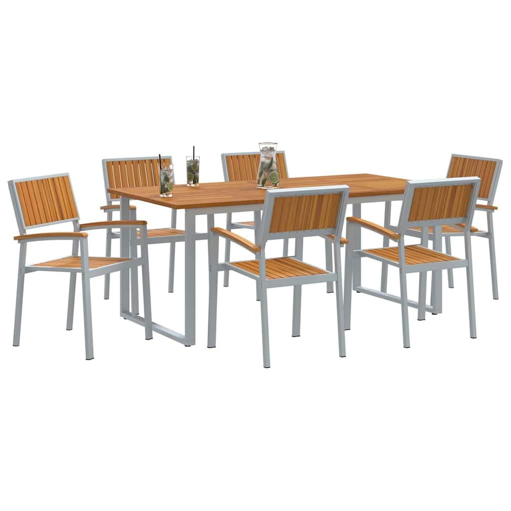 Lot de 7 tables de jardin en acacia + acier résistant aux intempéries, moderne, pliable, extensible, pour jardin, terrasse et balcon 180 x 90 x 75 cm
