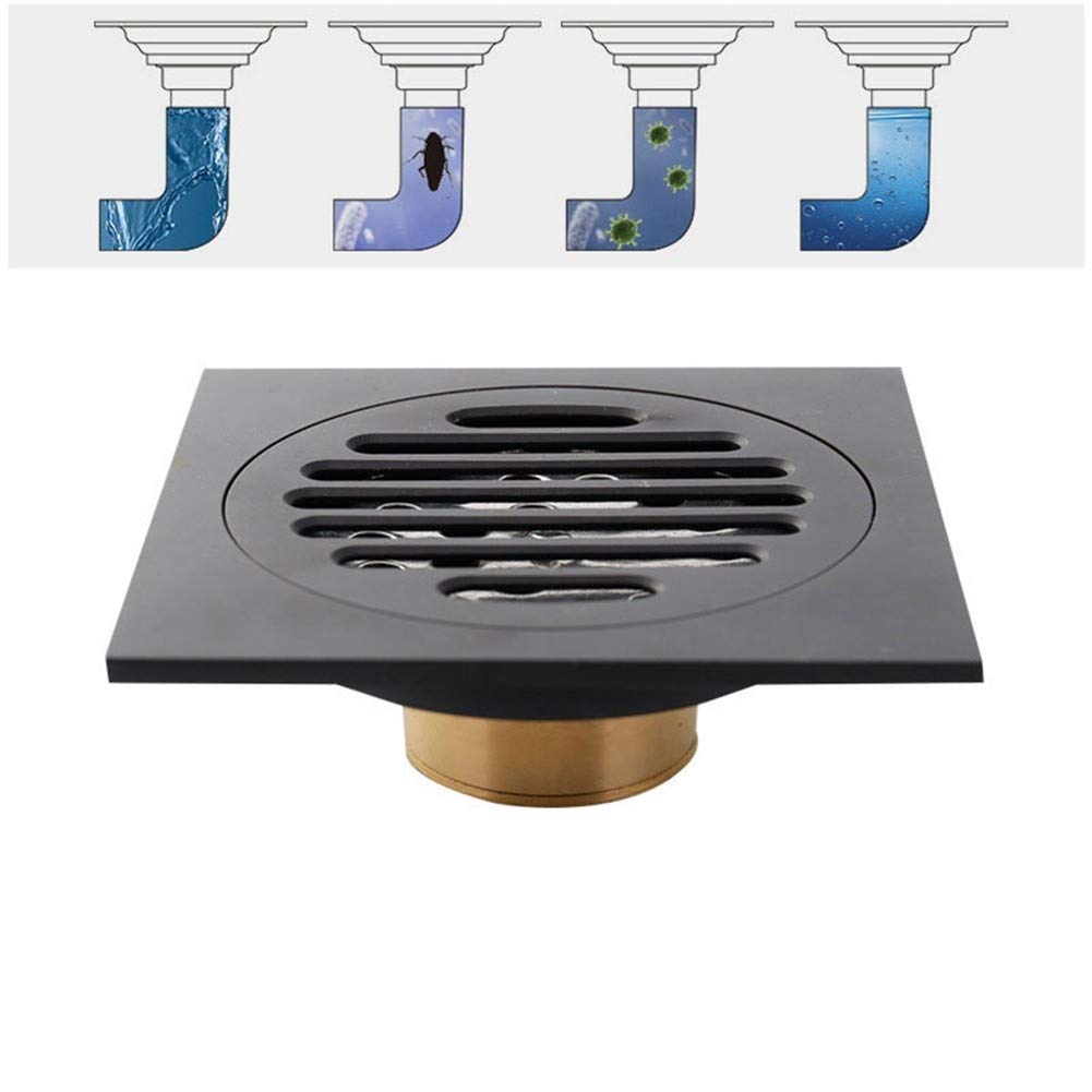 Siphon de Sol de Douche carré en Laiton de 10 cm, Couvercle Amovible, égouttoir de Salle de Bain avec Filtre à Cheveux pour Cuisine, Salle de Bain, Garage, sous-Sol, Noir (Noir A)