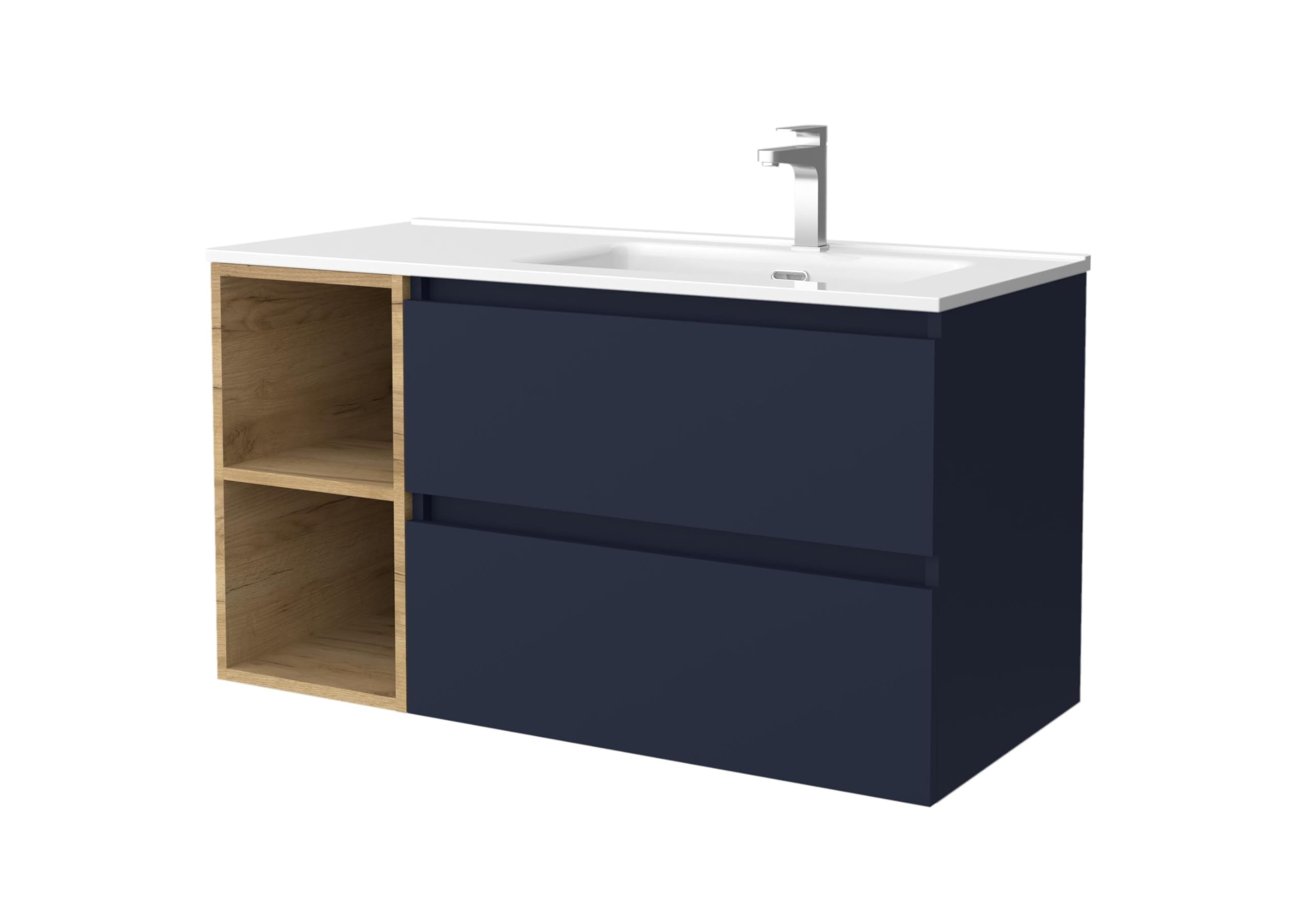 Salgar Mueble de Baño Bequia 100cm + Coqueta 2 Huecos Izquierda + Lavabo cerámica | Azul Mate/Roble |100x45x56