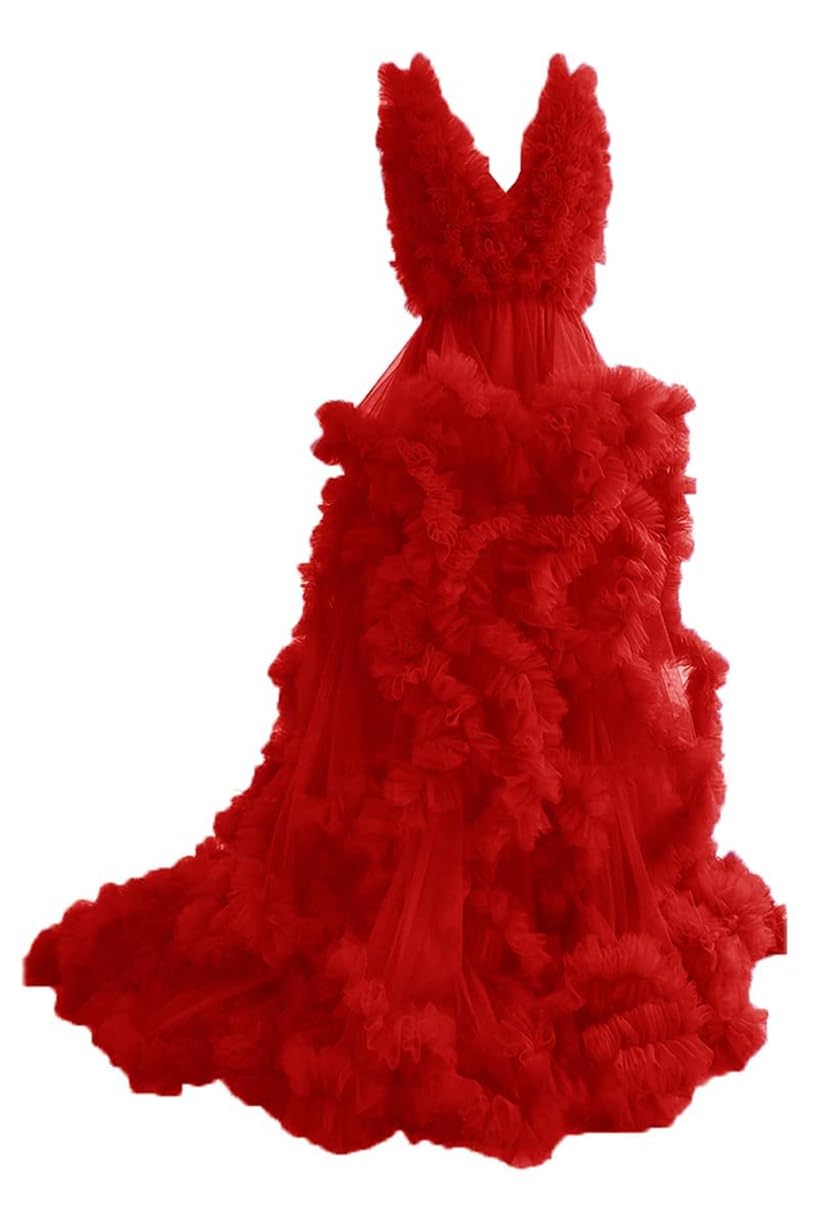 Aherkll Women's Red Tulle Maternity Dress For Photoshoot Long Robe Puffy Bridal Lingerie Dressing Gown Wedding Scarf Baby Shower Zm013 Uk10