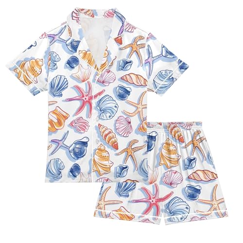 ALAZA Seashell Starfish on White Satin Pajamas Set Short Sleeve Button Down Sleepwear Summer Pjs 2 Piece