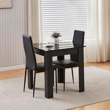 NICEME Compact Dining Table and 2 Chairs, Small Dining Room Set for 2 Seater Kitchen Table with Chairs for Small Space Saving, Glossing Tabletop 75x75 cm (Black Table, 2 Seats, PVC Black #2)