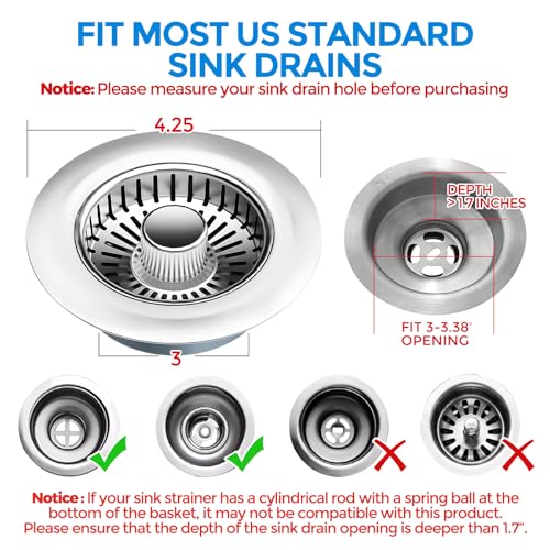 Image of Upgraded 3 in 1 Kitchen Sink Drain Strainer & Sink Stopper, Stainless Steel Kitchen Drain Plug & Sink Installation Parts with Anti-Clogging Basket, Fit US Standard 3-1 /2'' Sink Drain Hole