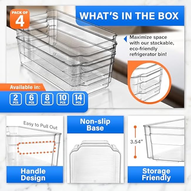 Multi-Purpose Refrigerator Bins - 4 Pieces Usable And Stackable Design Fridge Bin Organizer With Easy Grip Handles - Clear