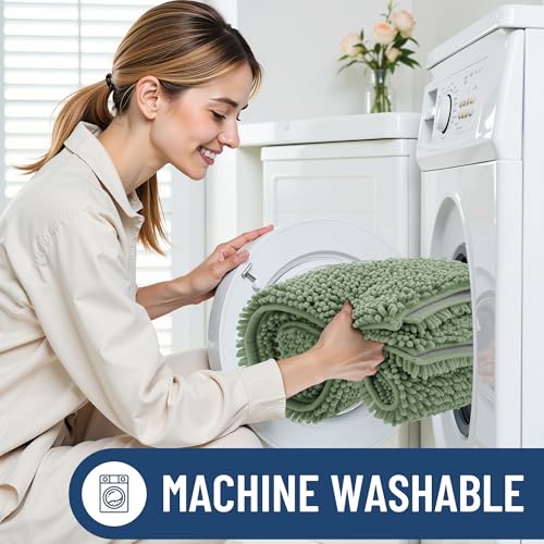 Smiry Luxury Chenille Bathroom Rugs 24x16, Extra Soft and Absorbent Shaggy Bath Mat, Machine Washable, Non-Slip Plush Carpet Runner for Tub, Shower, and Floor, Home Decor Accessories, Sage Green