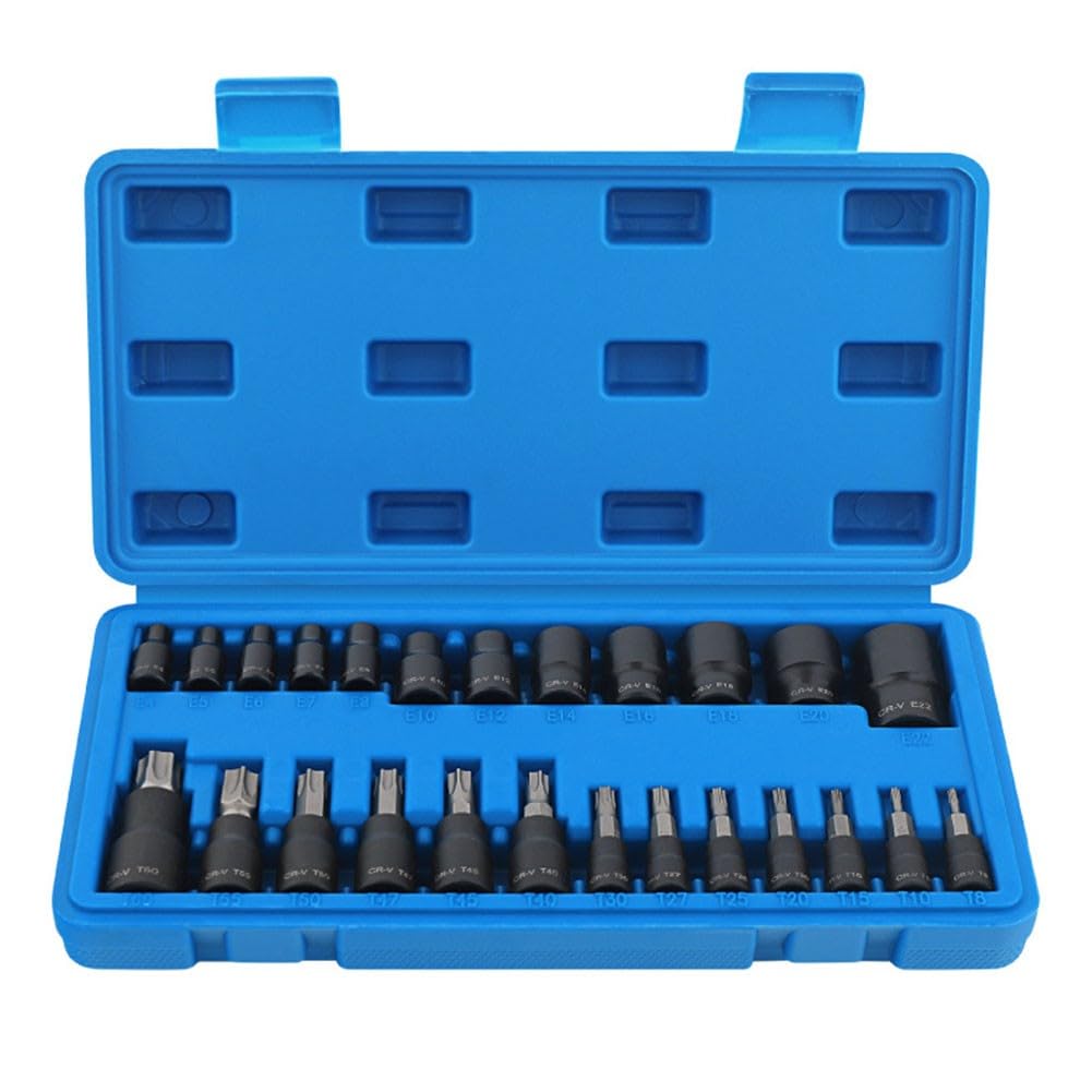 EasyByMall Set di 25 chiavi a bussola Torx ed E, in acciaio legato, punte a stella T8-T60, chiavi Torx esterne Cr-V E4-E22, kit di attrezzi meccanici professionali con custodia