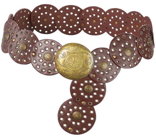 Liutufy Wide Disc Belt for Women Vintage Hollow Boho Leather Belt Western Chunky Waist Belt Cowboy Metal Buckle Concho Belts (Copper Brown A-S)