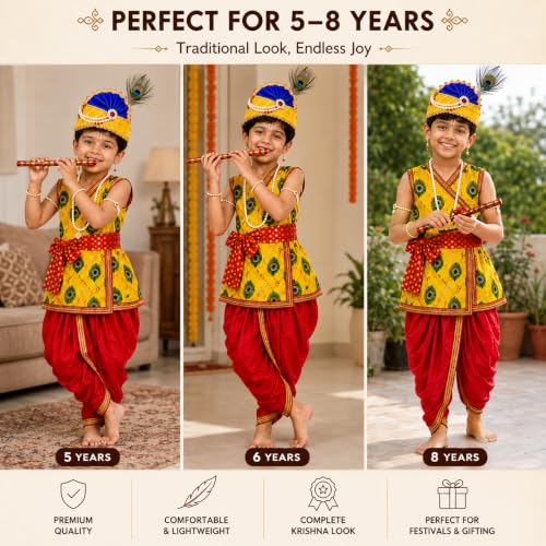 Image of Sarvda Shree Krishna Dress for Baby Boy & Radha Dress for Girls | Janamashtami Dress | Fancy Dress Costume with Accessories Dhoti, Dupatta, Mukut Flute Complete set, Ethnic wear