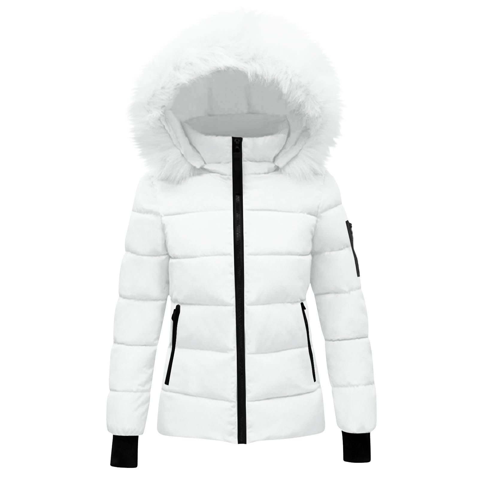 KHIRVWL Doudoune Femme Hiver Chaude- Manteau Matelassée à Capuche Amovible En Peluche- Veste Légère Avec Poches Et Zippé- Blouson Slim Fit Col Montant- Manteaux Mi Saison Puffer Jacket Manches