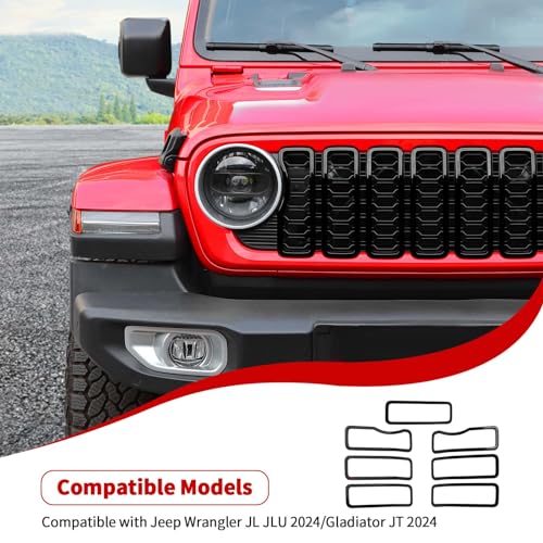 Image of JeCar Front Grille Inserts Grill Frame Trim Covers Exterior Accessories Compatible with Jeep Wrangler 2024 JL JLU & Gladiator JT 2024, Black