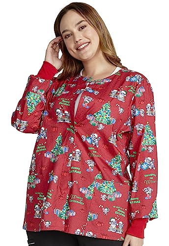 Cherokee Prints Women Warm Up Scrubs Jacket Snap Front Plus Size CK301, 2XL, Meowy Christmouse
