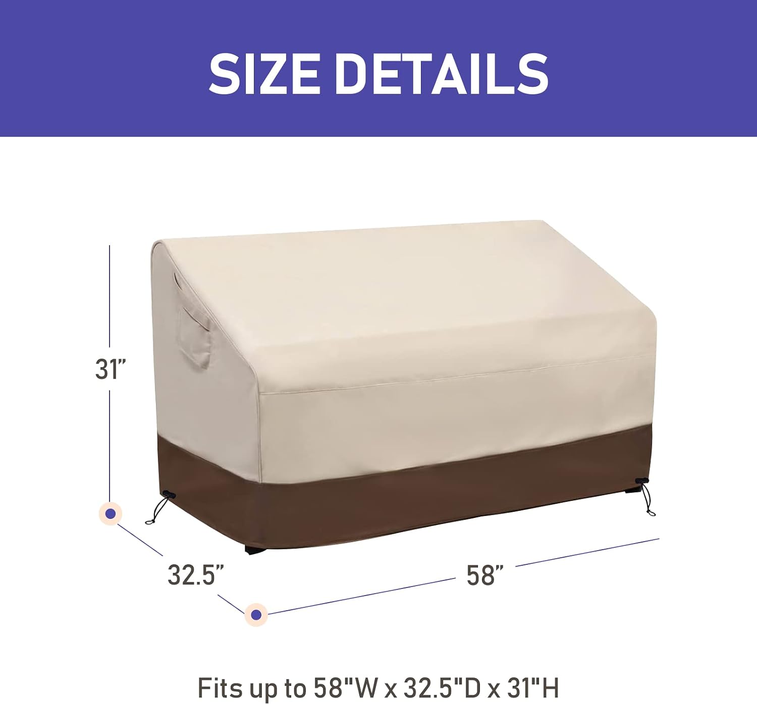 100% Waterproof Outdoor Patio Sofa/Loveseat/Bench Cover, Lawn Patio Furniture Covers with Air Vent, Fits up to 58W x 32.5D x 31H inches, Beige & Brown…