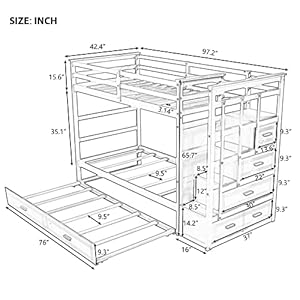 Twin over twin bunk bed with twin size trundle solid wood bunk beds with 4 storage drawers staircase and safety guard rail no box spring needed white  urban country home decor