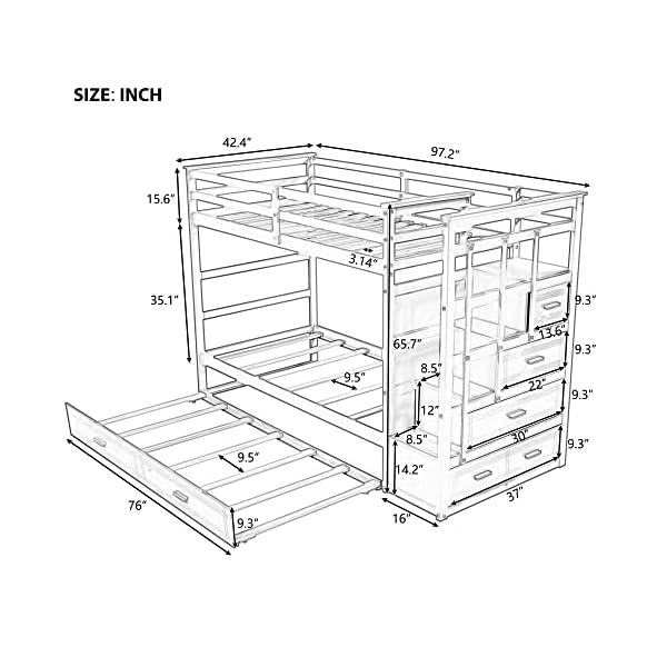 Twin over twin bunk bed with twin size trundle solid wood bunk beds with 4 storage drawers staircase and safety guard rail no box spring needed white  urban country home decor