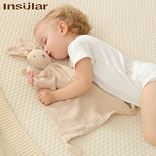 Image of insular Bunny Lovey Blanket for Boys and Girls, Organic Cotton Muslin Security Blanket for Babies, Soft Breathable Lovie Soothing Towel for Newborn and Infant, 2 Pcs Set (Beige&Pink)