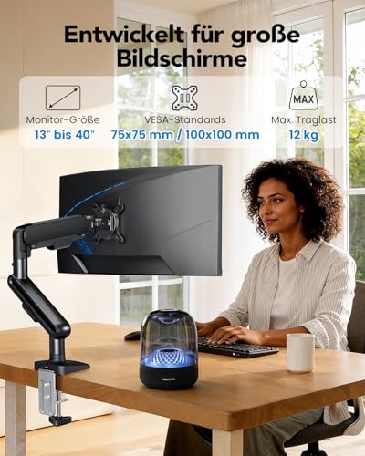 HUANUO Monitor Halterung für 13-40 Zoll Bildschirme, Monitor Arm mit NITROGLIDE™-Federung, bis 12 kg, Monitorhalterung höhenverstellbar, schwenkbar, neigbar, für Gaming & Office, VESA 75×75/100×100 mm