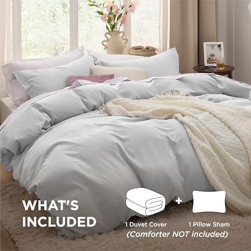 Image of Bedsure Light Grey Duvet Cover Twin /Twin XL Size - 2 Pieces Prewashed Cotton-Like Extra Soft Bedding Set, Includes 1 Twin Duvet Cover 68x90 Inches with Zipper Closure & 1 Pillow Sham, No Comforter